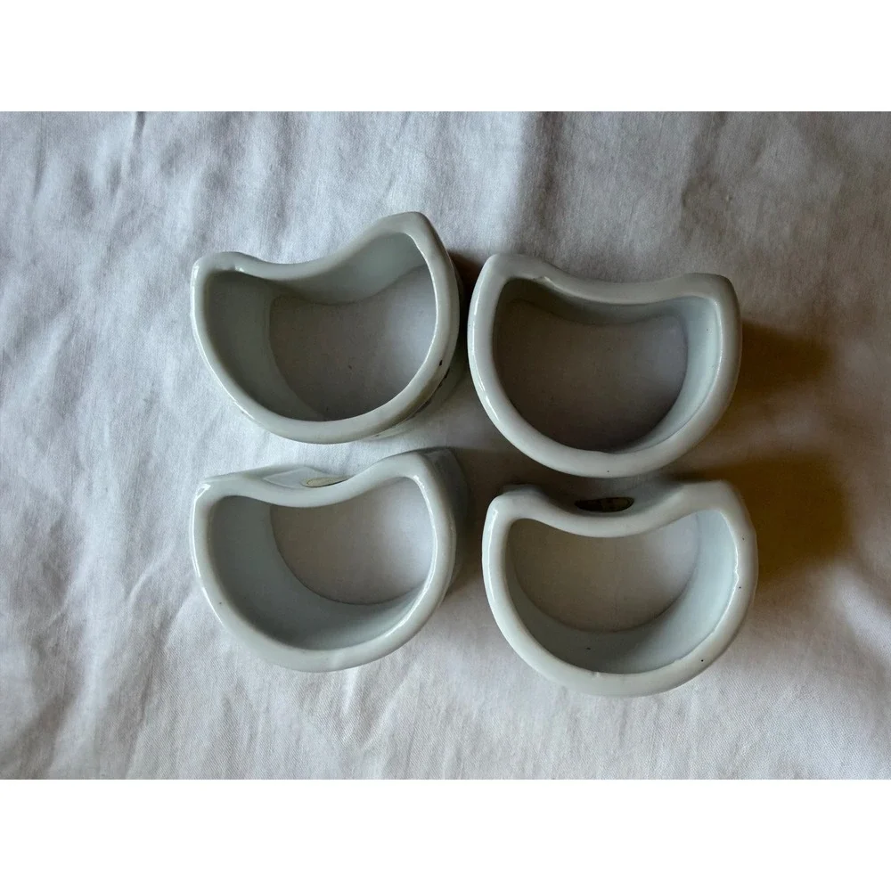 Vintage Genuine Porcelain Floral Napkin Rings D-Shape Set of 4 White Multicolor